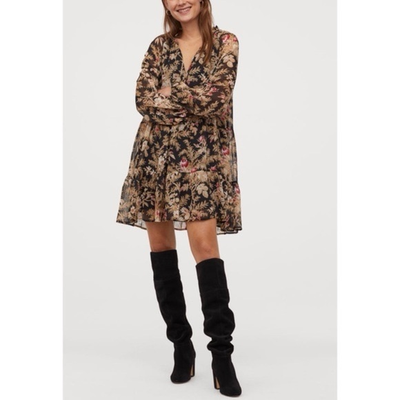 H&M Black Floral Chiffon Mini Dress Romantic Boho Prairie Cottagecore M - Picture 1 of 12